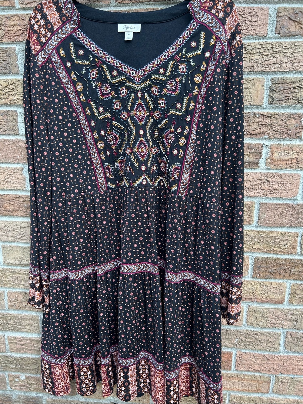 Style & Co. Black Boho beaded Embroidered V-Neck Tunic Dress XXL